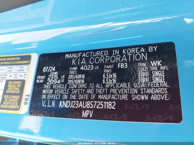 Aukcja sprzedaży 2025 Kia Soul S, vin: KNDJ23AU8S7251182, numer aukcji: 44636535