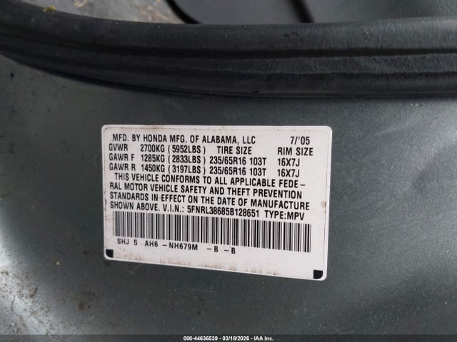 2005 HONDA ODYSSEY 5FNRL38685B128651 Photo 8