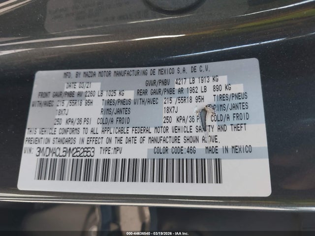 44636540 :رقم المزاد ، 3MVDMACL5MM252653 vin ، 2021 Mazda Cx-30 Preferred مزاد بيع