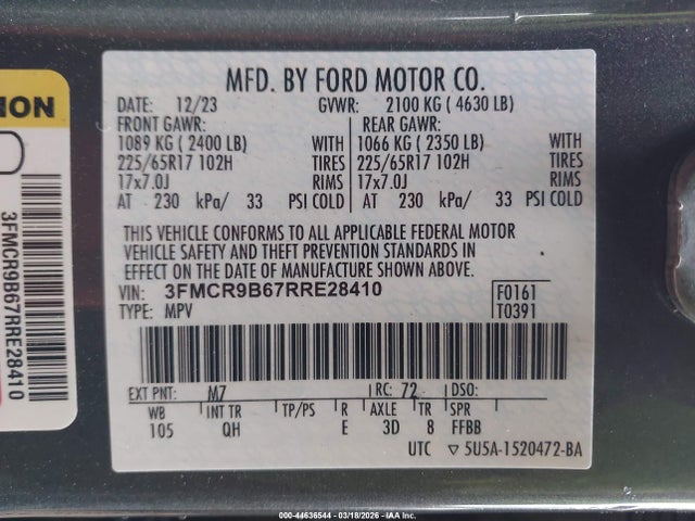 Aukcja sprzedaży 2024 Ford Bronco Sport Big Bend, vin: 3FMCR9B67RRE28410, numer aukcji: 44636544