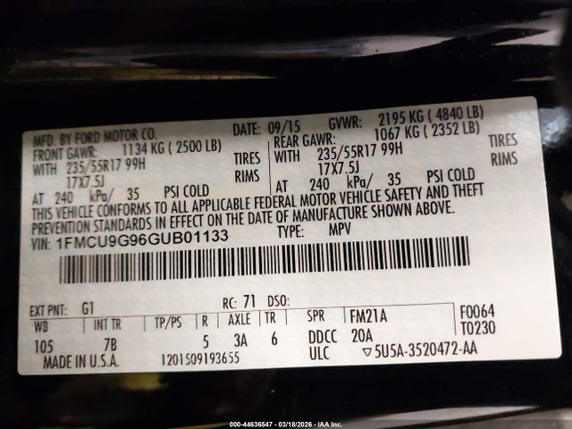 Продажа на аукционе авто 2016 Ford Escape Se, vin: 1FMCU9G96GUB01133, номер лота: 44636547