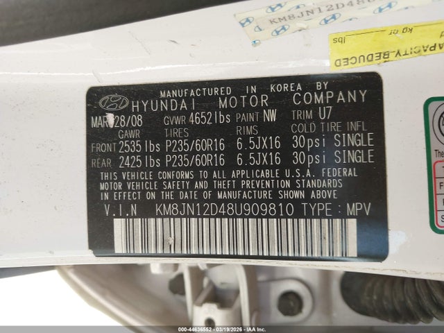 2008 Hyundai Tucson მანქანა იყიდება აუქციონზე, vin: KM8JN12D48U909810, აუქციონის ნომერი: 44636552