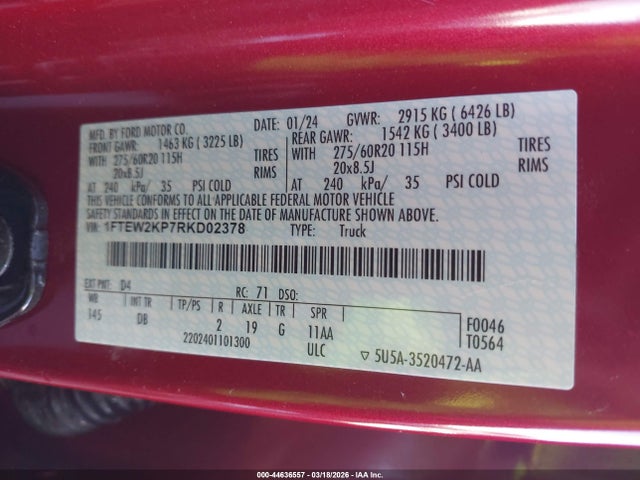 Aukcja sprzedaży 2024 Ford F-150 Stx, vin: 1FTEW2KP7RKD02378, numer aukcji: 44636557