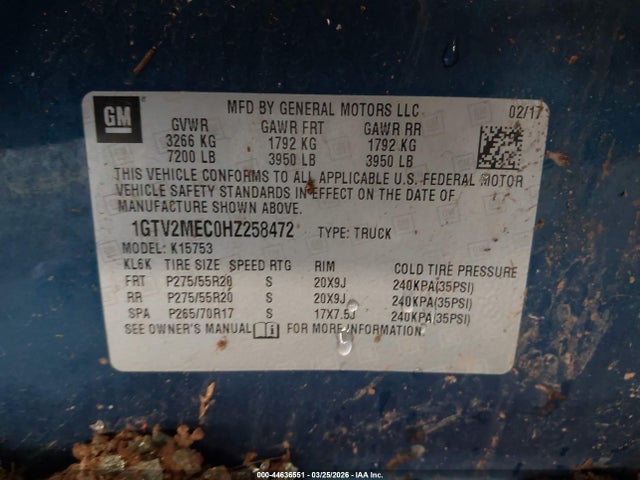 Aukcja sprzedaży 2017 Gmc Sierra 1500 Sle, vin: 1GTV2MEC0HZ258472, numer aukcji: 44636551