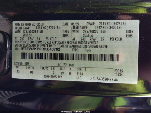 Aukcja sprzedaży 2024 Ford F-150 Stx, vin: 1FTEW2KP0RKE40702, numer aukcji: 44636562