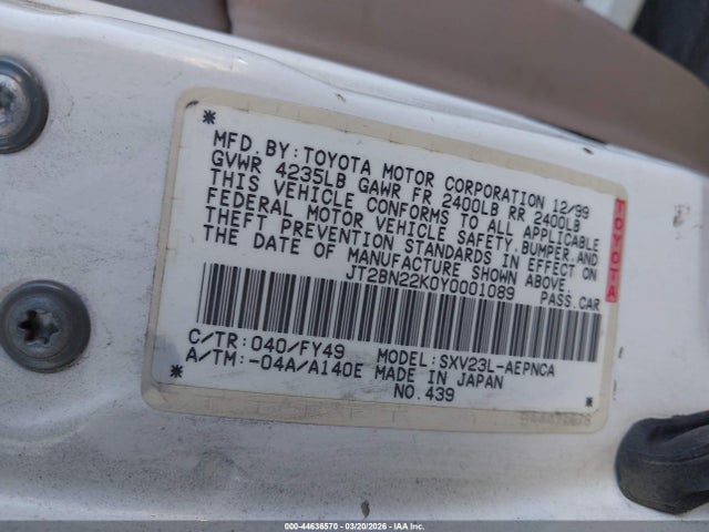Продажа на аукционе авто 2000 Toyota Camry Le, vin: JT2BN22K0Y0001089, номер лота: 44636570