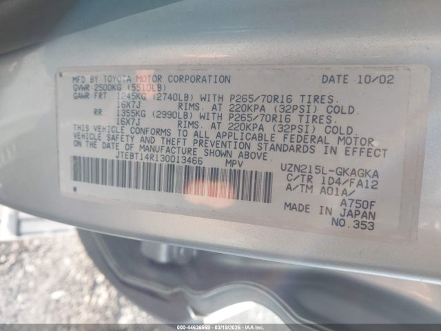 44636569 :رقم المزاد ، JTEBT14R130013466 vin ، 2003 Toyota 4runner Sr5 V8 مزاد بيع