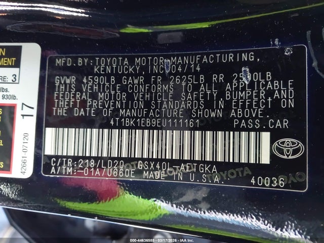 4T1BK1EB9EU111161 Toyota AVALON XLE