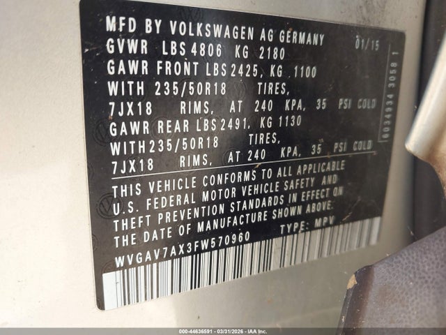 Продаж на аукціоні авто 2015 Volkswagen Tiguan Sel, vin: WVGAV7AX3FW570960, номер лоту: 44636591