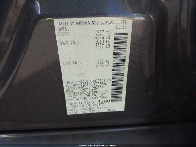 1N4AL3APXGN313200 Nissan Altima 2.5/2.5 S/2.5 Sl/2.5 Sr/2.5 Sv