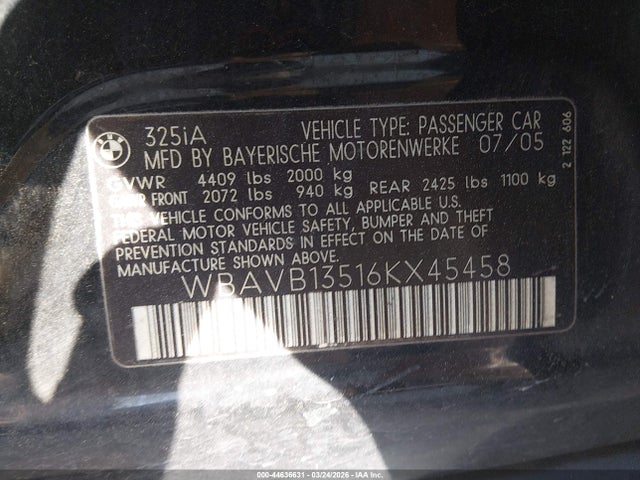 44636631 :رقم المزاد ، WBAVB13516KX45458 vin ، 2006 Bmw 325i مزاد بيع