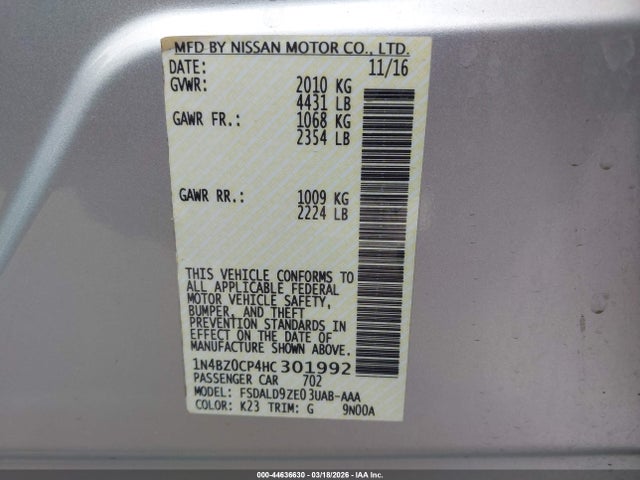 1N4BZ0CP4HC301992 Nissan LEAF SV