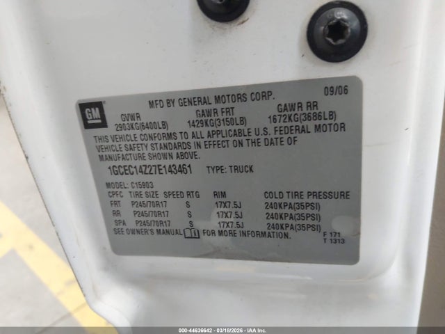 Aukcja sprzedaży 2007 Chevrolet Silverado 1500 Classic Work Truck, vin: 1GCEC14Z27E143461, numer aukcji: 44636642
