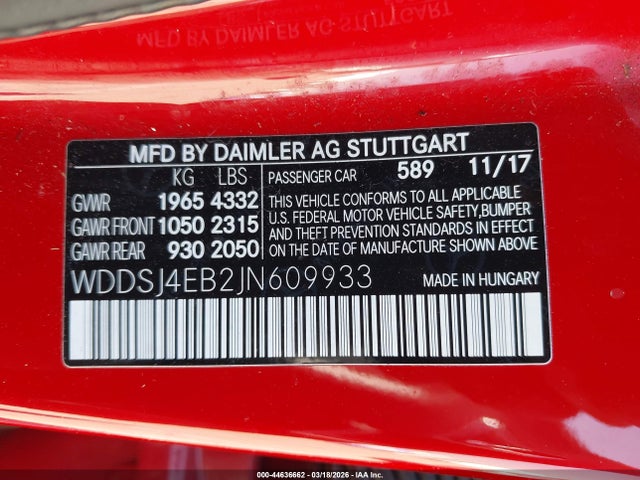 Продаж на аукціоні авто 2018 Mercedes-benz Cla 250, vin: WDDSJ4EB2JN609933, номер лоту: 44636662