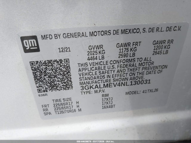 44636679 :رقم المزاد ، 3GKALMEV4NL130031 vin ، 2022 Gmc Terrain Fwd Sle مزاد بيع