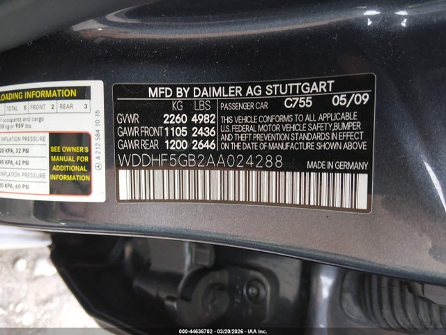 2010 Mercedes-benz E 350 მანქანა იყიდება აუქციონზე, vin: WDDHF5GB2AA024288, აუქციონის ნომერი: 44636702