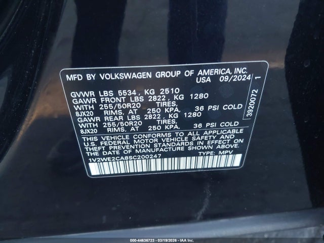 44636723 :رقم المزاد ، 1V2WE2CA8SC200247 vin ، 2025 Volkswagen Atlas Cross Sport 2.0t Se W/technology مزاد بيع