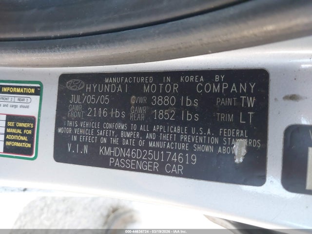 44636724 :رقم المزاد ، KMHDN46D25U174619 vin ، 2005 Hyundai Elantra Gls/gt مزاد بيع