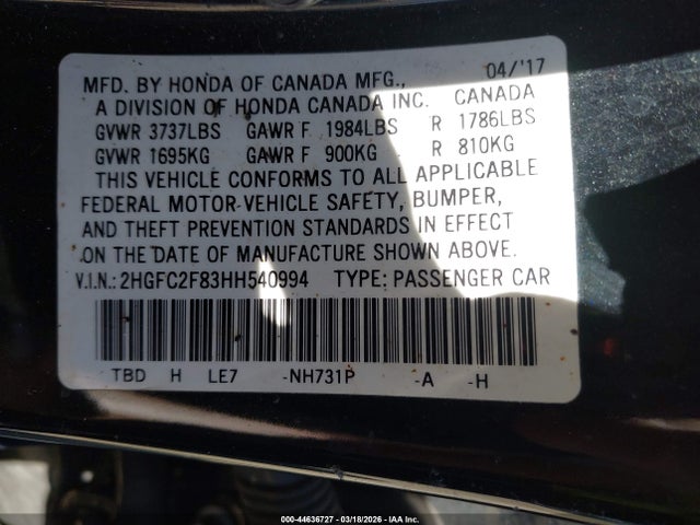 Honda CIVIC EX 2017 2HGFC2F83HH540994 Image 9