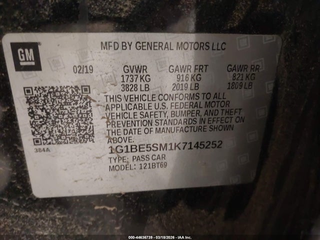 44636739 :رقم المزاد ، 1G1BE5SM1K7145252 vin ، 2019 Chevrolet Cruze Lt مزاد بيع