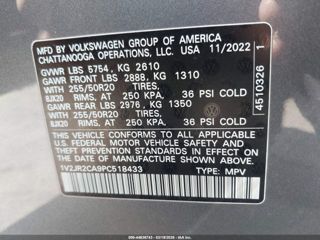 Продаж на аукціоні авто 2023 Volkswagen Atlas 3.6l V6 Se W/technology, vin: 1V2JR2CA9PC518433, номер лоту: 44636743