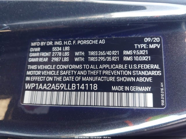 Auction sale of the 2020 Porsche Macan, vin: WP1AA2A59LLB14118, lot number: 44636754