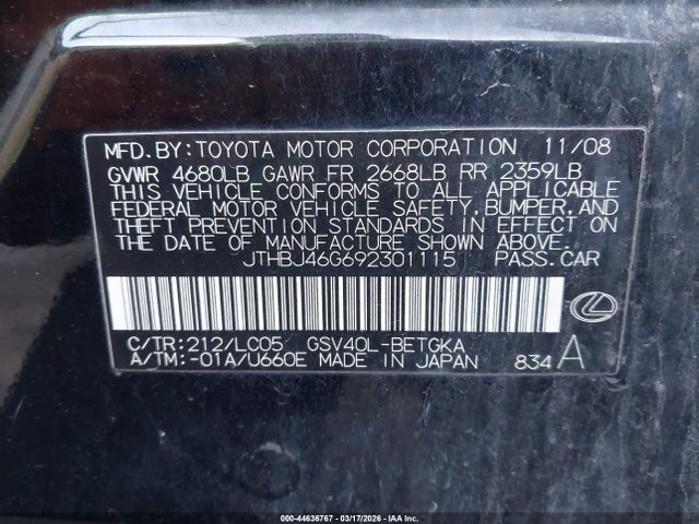 Продажа на аукционе авто 2009 Lexus Es 350, vin: JTHBJ46G692301115, номер лота: 44636767