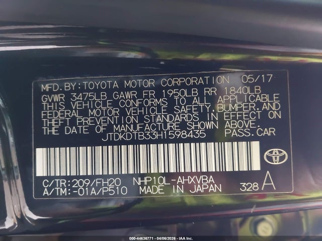JTDKDTB33H1598435 Toyota Prius C One