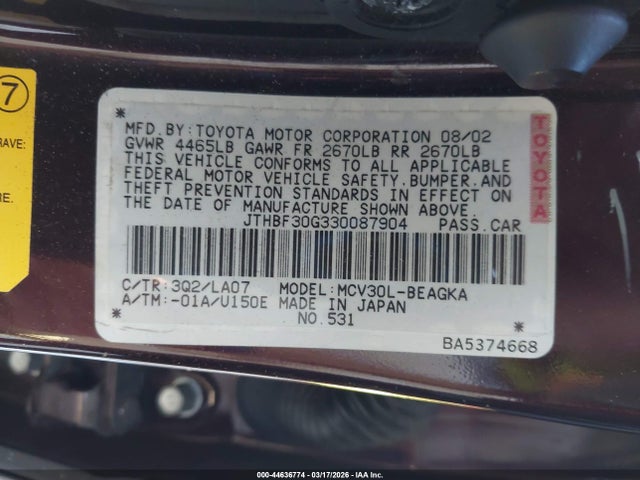 Aukcja sprzedaży 2003 Lexus Es 300, vin: JTHBF30G330087904, numer aukcji: 44636774