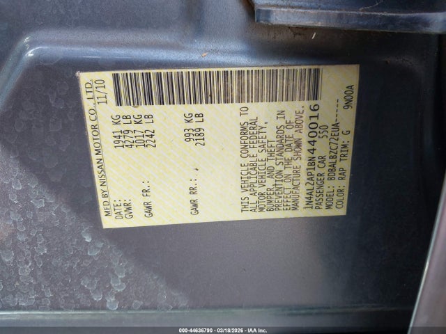 2011 Nissan Altima 2.5 S მანქანა იყიდება აუქციონზე, vin: 1N4AL2AP1BN440016, აუქციონის ნომერი: 44636790