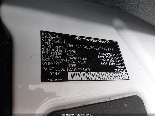 44636797 :رقم المزاد ، W1Y40CHY2PT147244 vin ، 2023 Mercedes-benz Sprinter 2500 High Roof 4-cyl Gas مزاد بيع