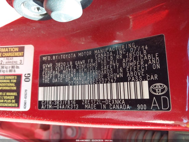 Продажа на аукционе авто 2014 Toyota Corolla Le, vin: 2T1BURHE6EC207247, номер лота: 44636801