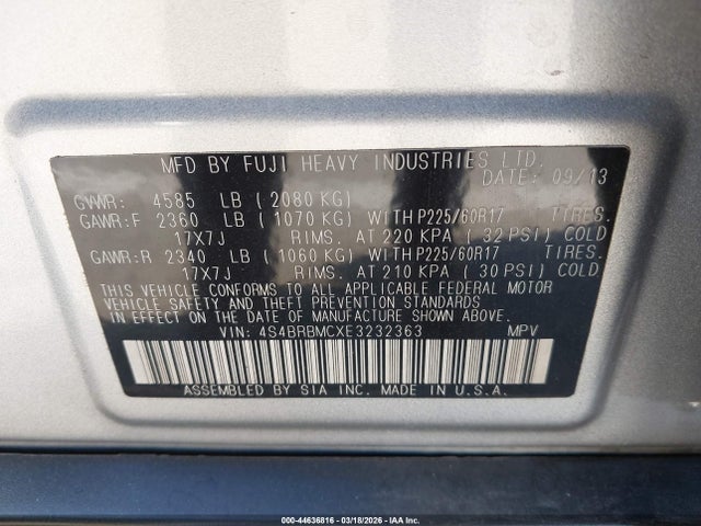 4S4BRBMCXE3232363 Subaru Outback 2.5i Limited