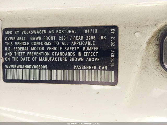 Aukcja sprzedaży 2013 Volkswagen Eos Komfort, vin: WVWBW8AH0DV008005, numer aukcji: 44636833