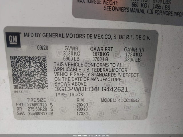 Продаж на аукціоні авто 2020 Chevrolet Silverado 1500 2wd  Short Bed Rst, vin: 3GCPWDED4LG442621, номер лоту: 44636845