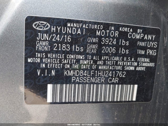 KMHD84LF1HU241762 Hyundai ELANTRA SE