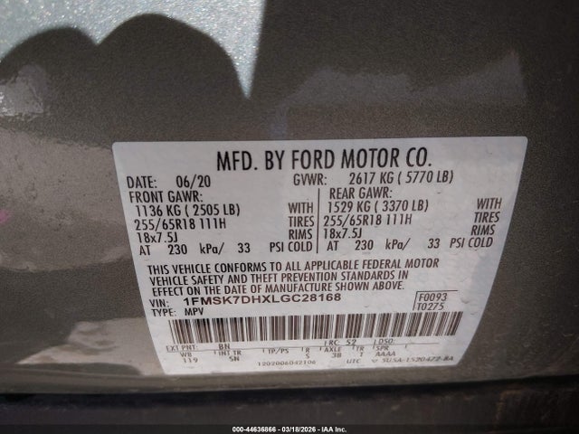 Aukcja sprzedaży 2020 Ford Explorer Xlt, vin: 1FMSK7DHXLGC28168, numer aukcji: 44636866