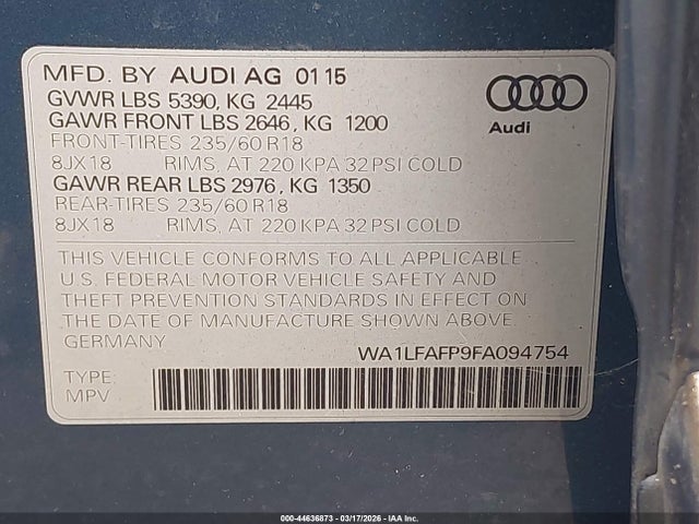 Продажа на аукционе авто 2015 Audi Q5 2.0t Premium, vin: WA1LFAFP9FA094754, номер лота: 44636873