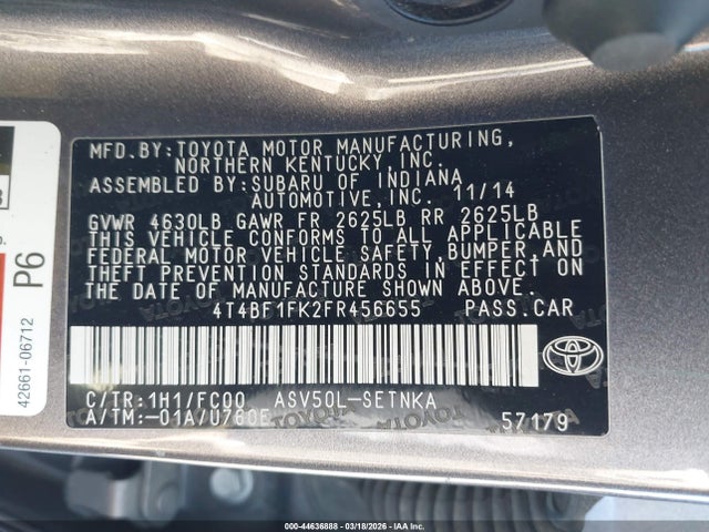 4T4BF1FK2FR456655 Toyota CAMRY LE
