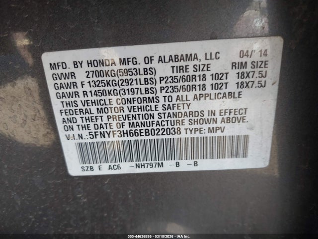 Honda Pilot Ex-l 2014 5FNYF3H66EB022038 Image 9