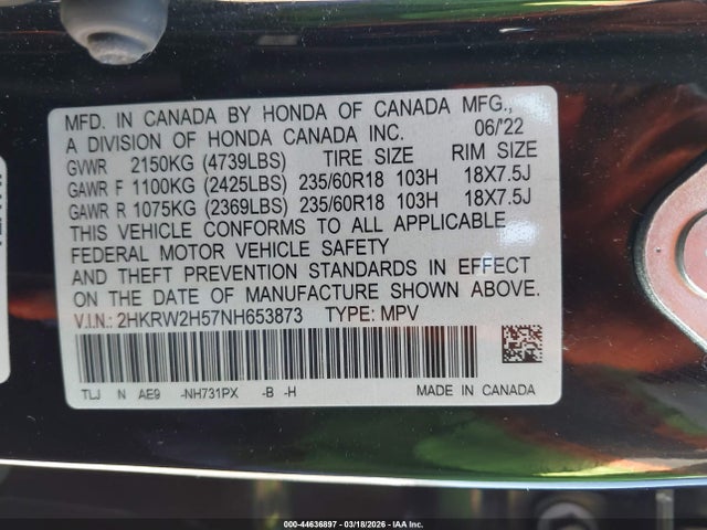 2HKRW2H57NH653873 Honda Cr-v Awd Ex