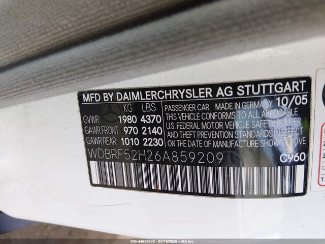 44636898 :رقم المزاد ، WDBRF52H26A859209 vin ، 2006 Mercedes-benz C 230 Sport مزاد بيع
