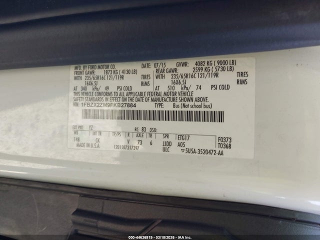 2015 Ford Transit-350 Xlt მანქანა იყიდება აუქციონზე, vin: 1FBZX2ZM9FKB27884, აუქციონის ნომერი: 44636919