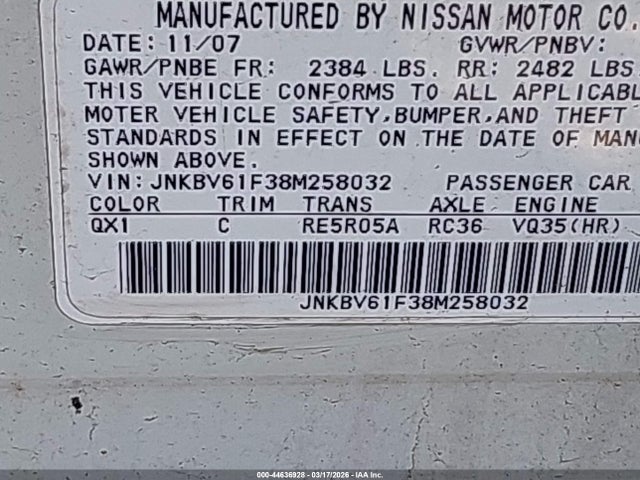 44636928 :رقم المزاد ، JNKBV61F38M258032 vin ، 2008 Infiniti G35x مزاد بيع