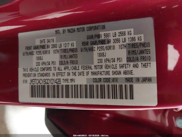 Aukcja sprzedaży 2016 Mazda Cx-9 Touring, vin: JM3TCACY8G0101428, numer aukcji: 44636933