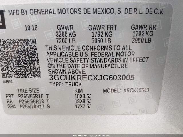 Aukcja sprzedaży 2018 Chevrolet Silverado 1500 2lt, vin: 3GCUKRECXJG603005, numer aukcji: 44636934