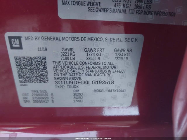 44636943 :رقم المزاد ، 3GTU9DED0LG193518 vin ، 2020 Gmc Sierra 1500 4wd  Short Box Slt مزاد بيع