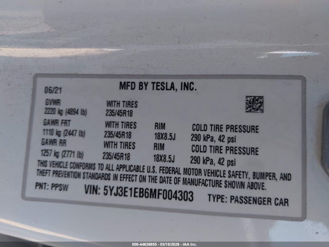 Продаж на аукціоні авто 2021 Tesla Model 3 Long Range Dual Motor All-wheel Drive, vin: 5YJ3E1EB6MF004303, номер лоту: 44636955