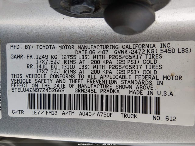 Продаж на аукціоні авто 2007 Toyota Tacoma Base V6, vin: 5TELU42N97Z452668, номер лоту: 44636957