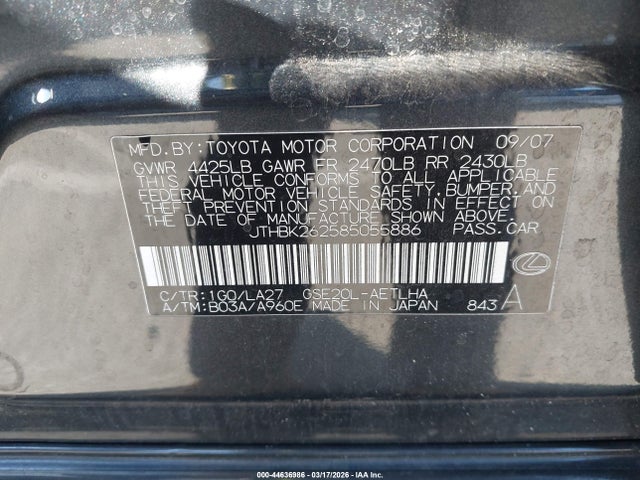 Продажа на аукционе авто 2008 Lexus Is 250, vin: JTHBK262585055886, номер лота: 44636986